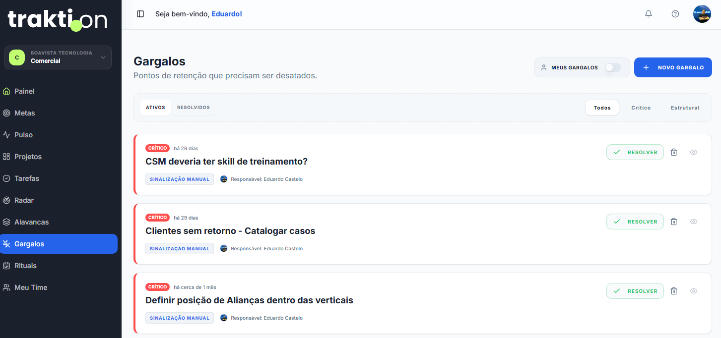 Tela de Gargalos do Traktion com cards de pontos de retenção críticos