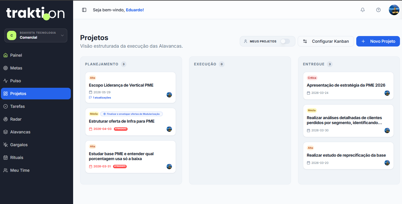 Tela de Projetos do Traktion em formato Kanban com colunas Planejamento, Execução e Entrega