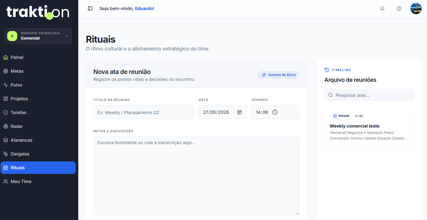 Tela de Rituais do Traktion com formulário de nova ata de reunião e badge Gemini AI ativo
