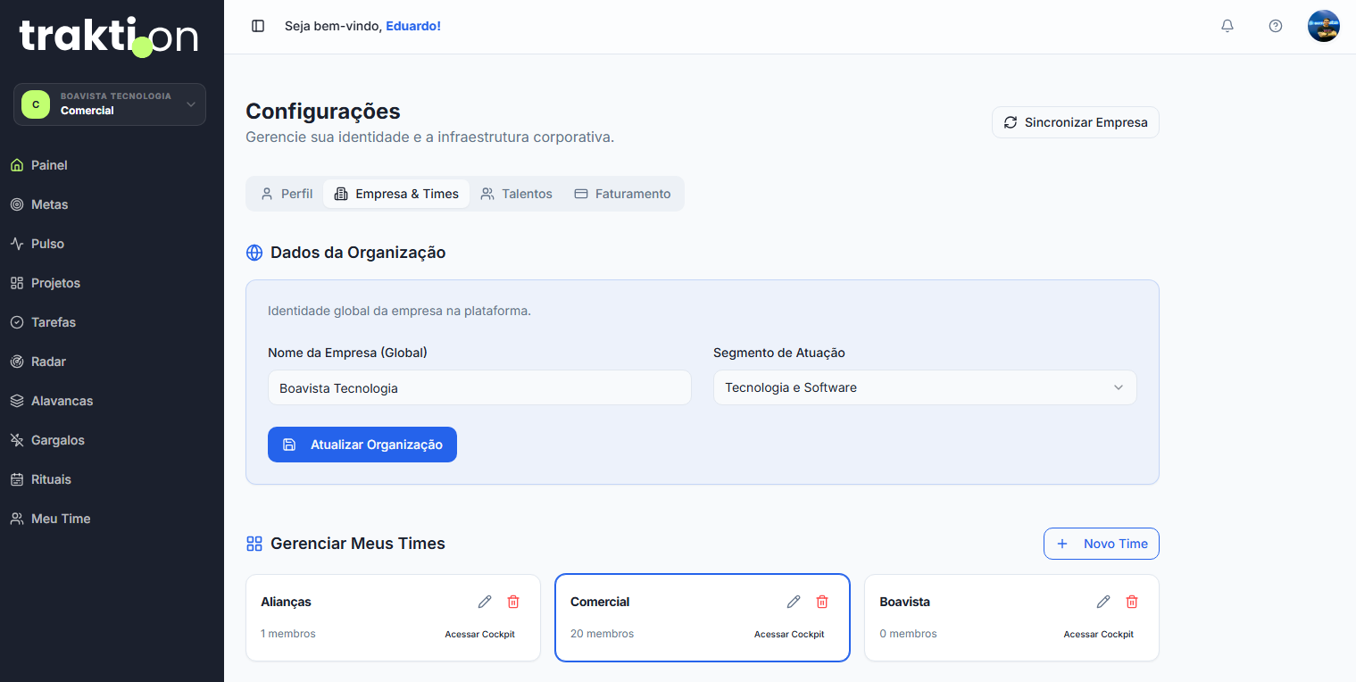 Tela de Configurações da Empresa no Traktion mostrando múltiplos times: Alianças, Comercial e Boavista
